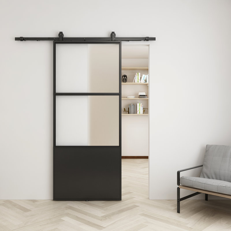 JUBEST 36’’X 84’’ Metal Frame Glass Sliding Barn Door Panel Heavy Duty